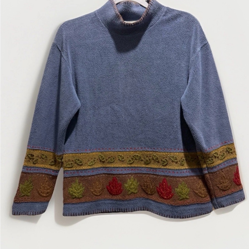 Robert Scott Cotton Blend Leaves Embroidery Sweater Mock Neck Blue Y2K Small